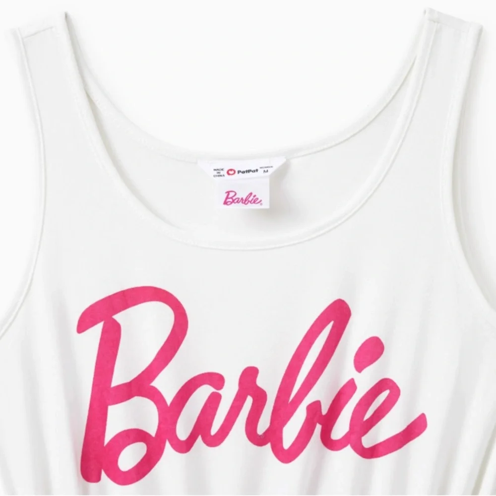 Women Barbie Letter Print Belted Combo Tank Hot Pink Rompers - Picture 5 of 9